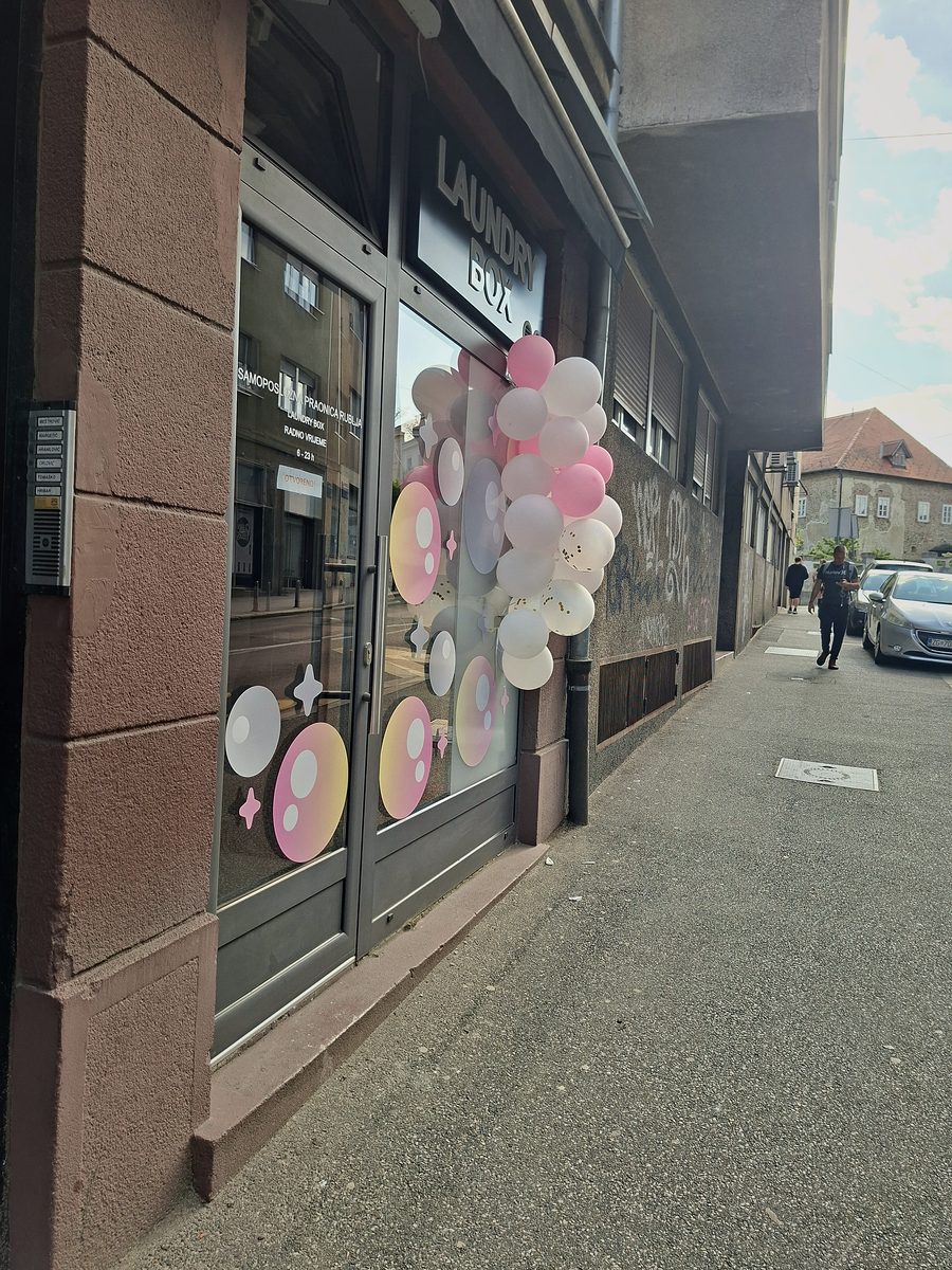 Laundry Box entrance with balloons